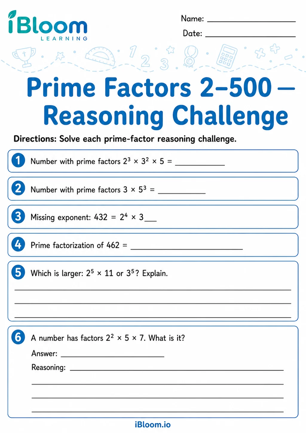 Preview page 1 of Prime Factors 2–500 — Reasoning Challenge