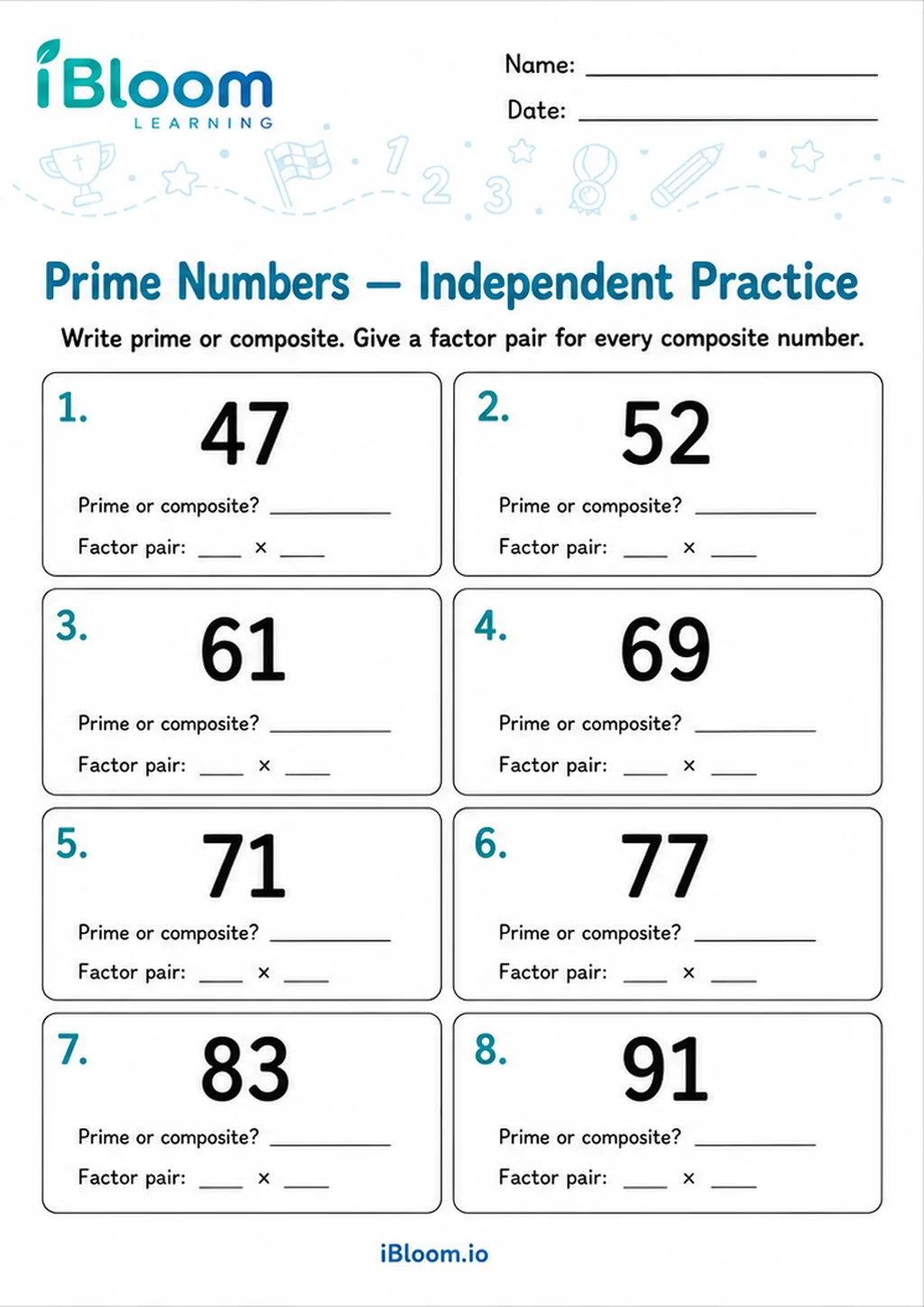 Preview of Prime Numbers — Independent Practice worksheet