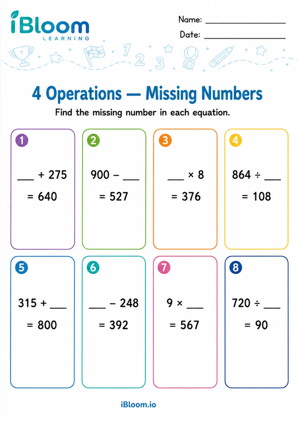 Preview of 4 Operations Horizontal — Missing Numbers worksheet