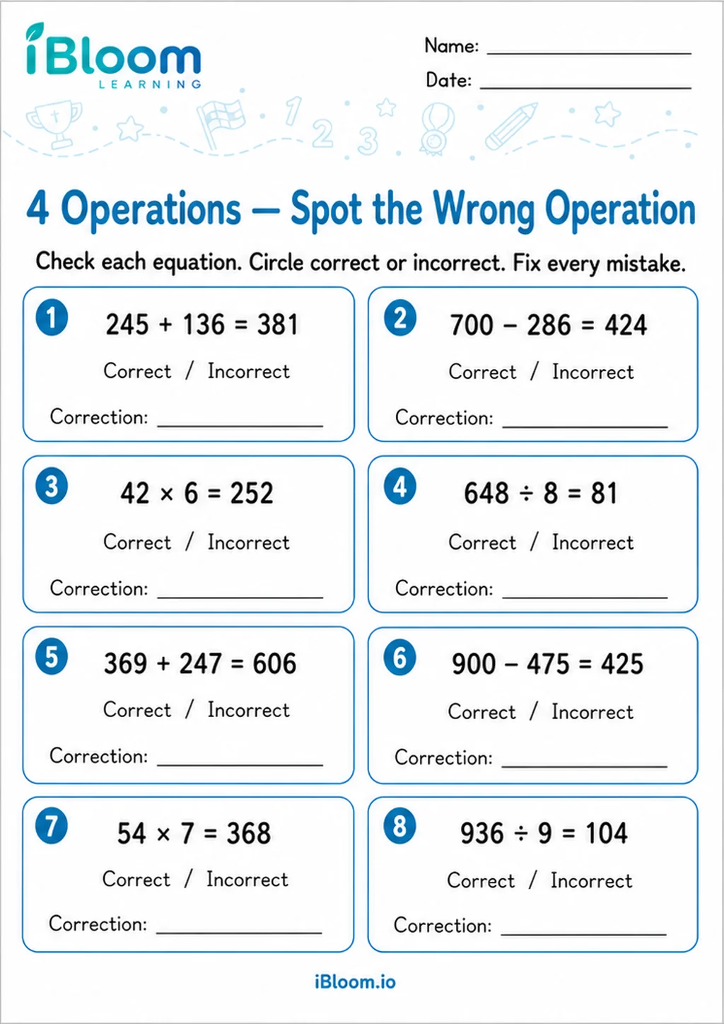 Preview page 1 of 4 Operations Horizontal — Spot the Wrong Operation
