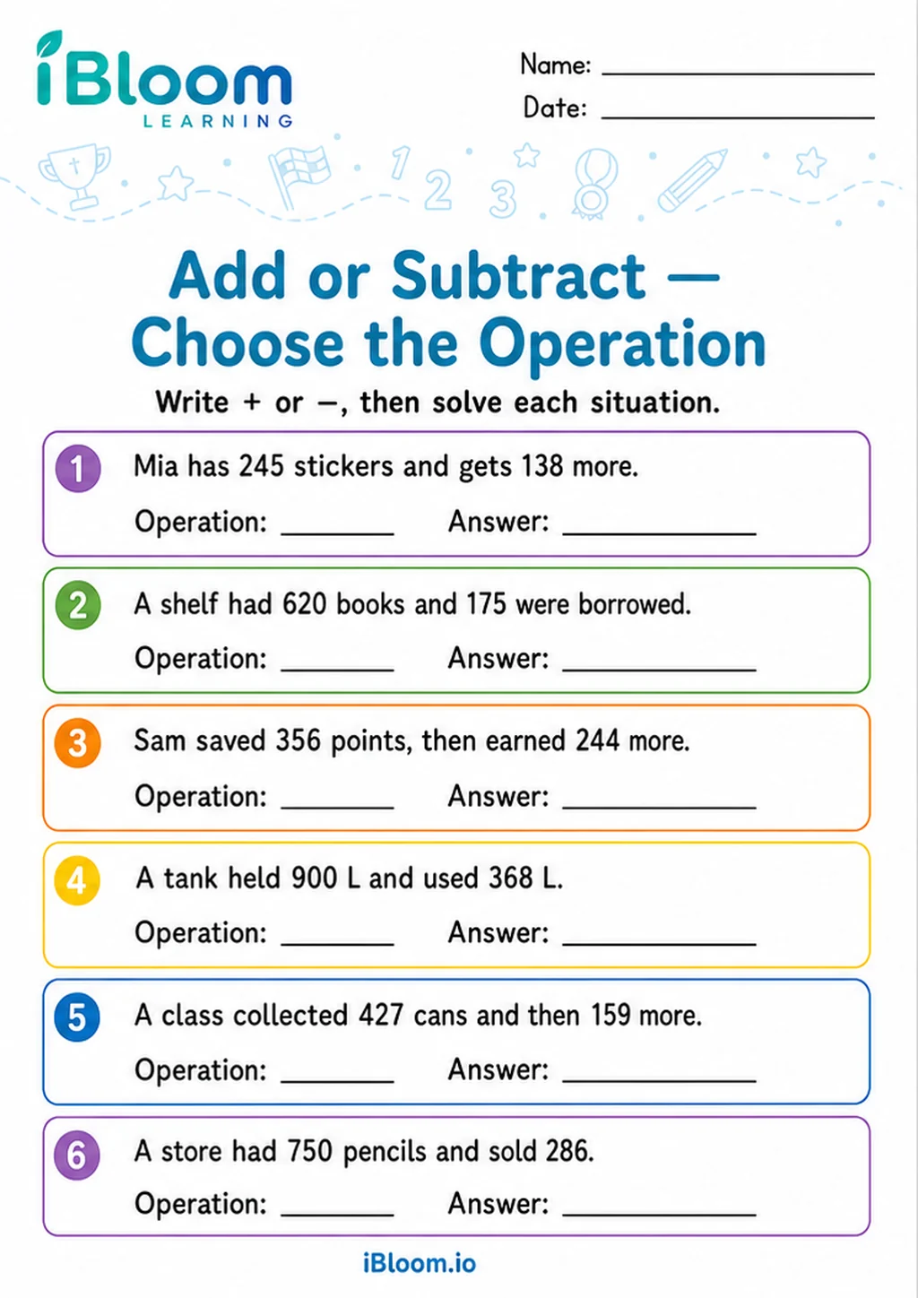 Add Subtract — Choose the Operation printable Grade 3 worksheet preview