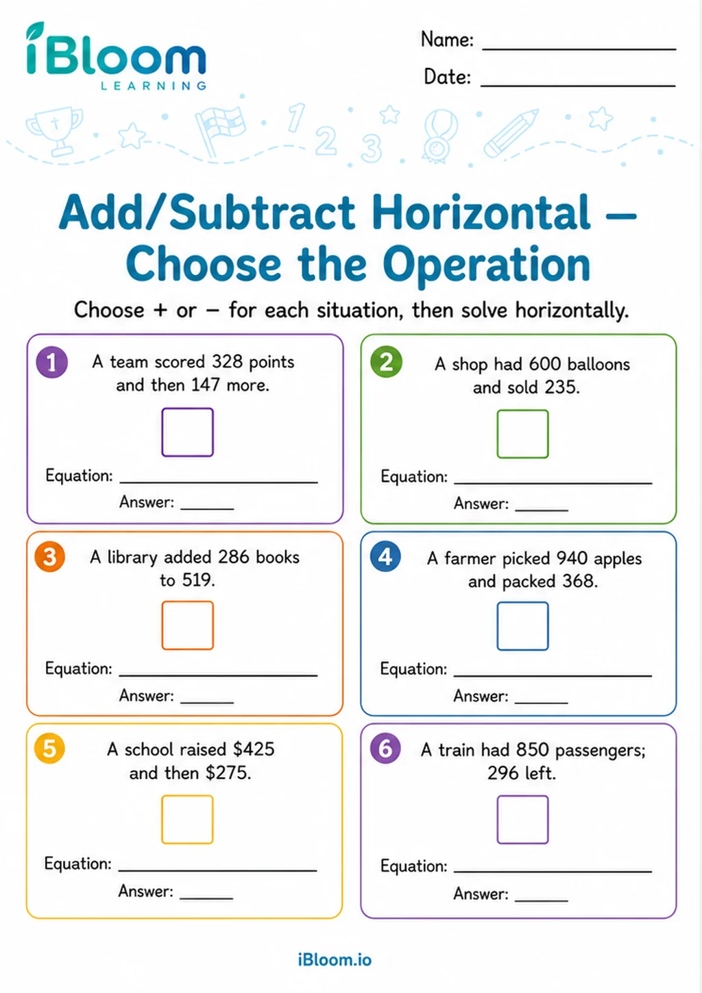 Preview page 1 of Add Subtract Horizontal — Choose the Operation