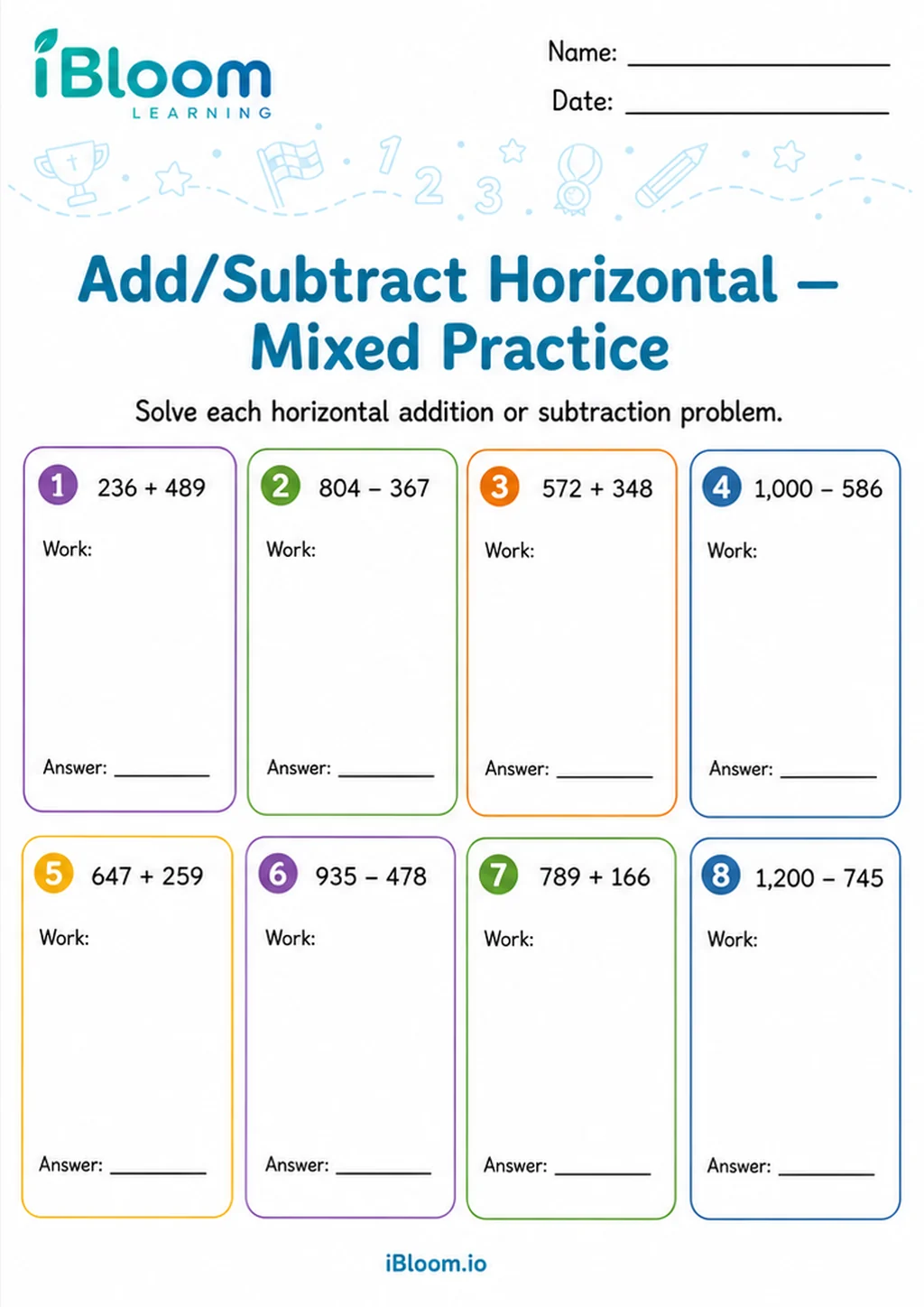Preview page 1 of Add Subtract Horizontal — Horizontal Mixed Practice