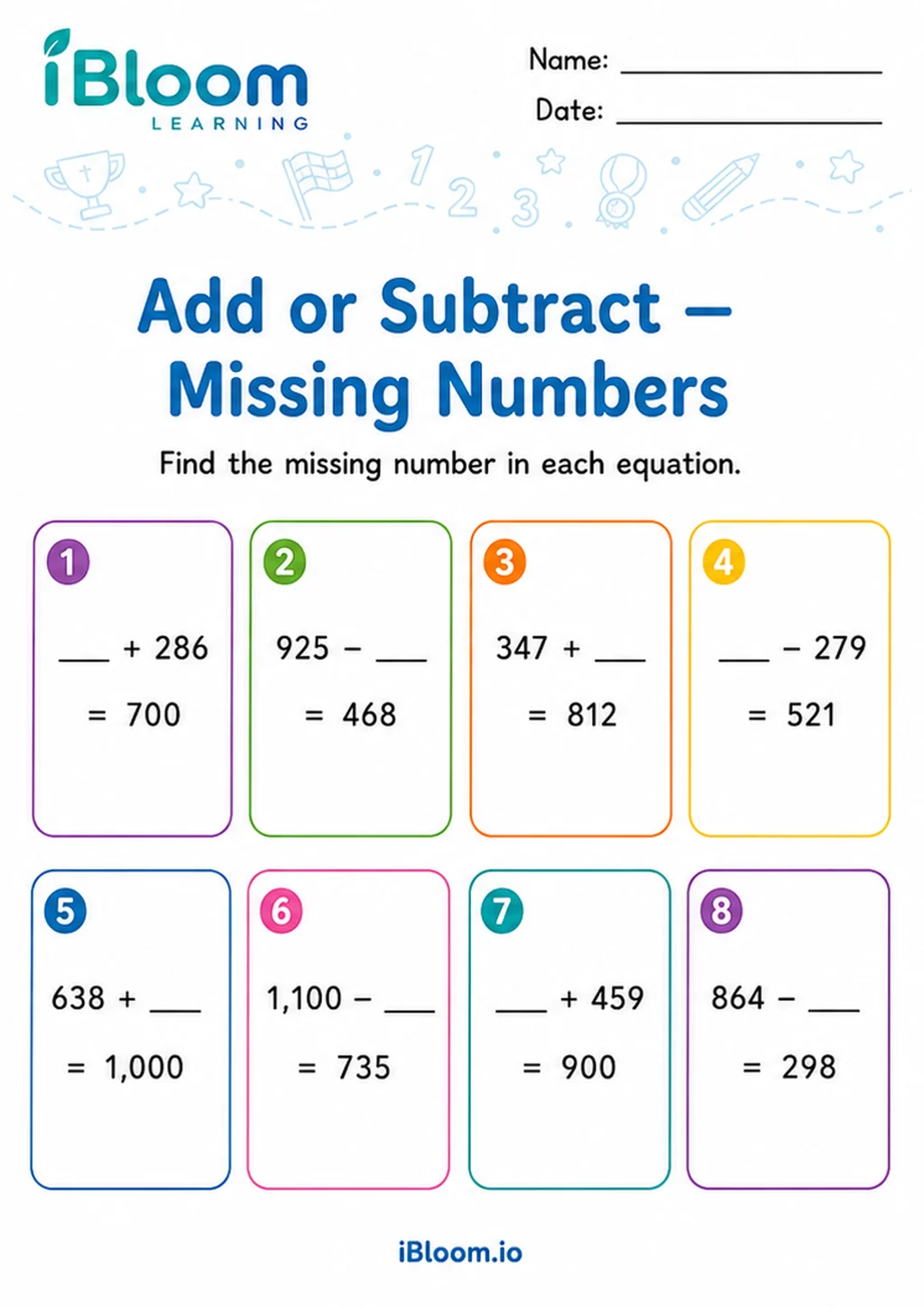 Preview page 1 of Add Subtract — Missing Numbers