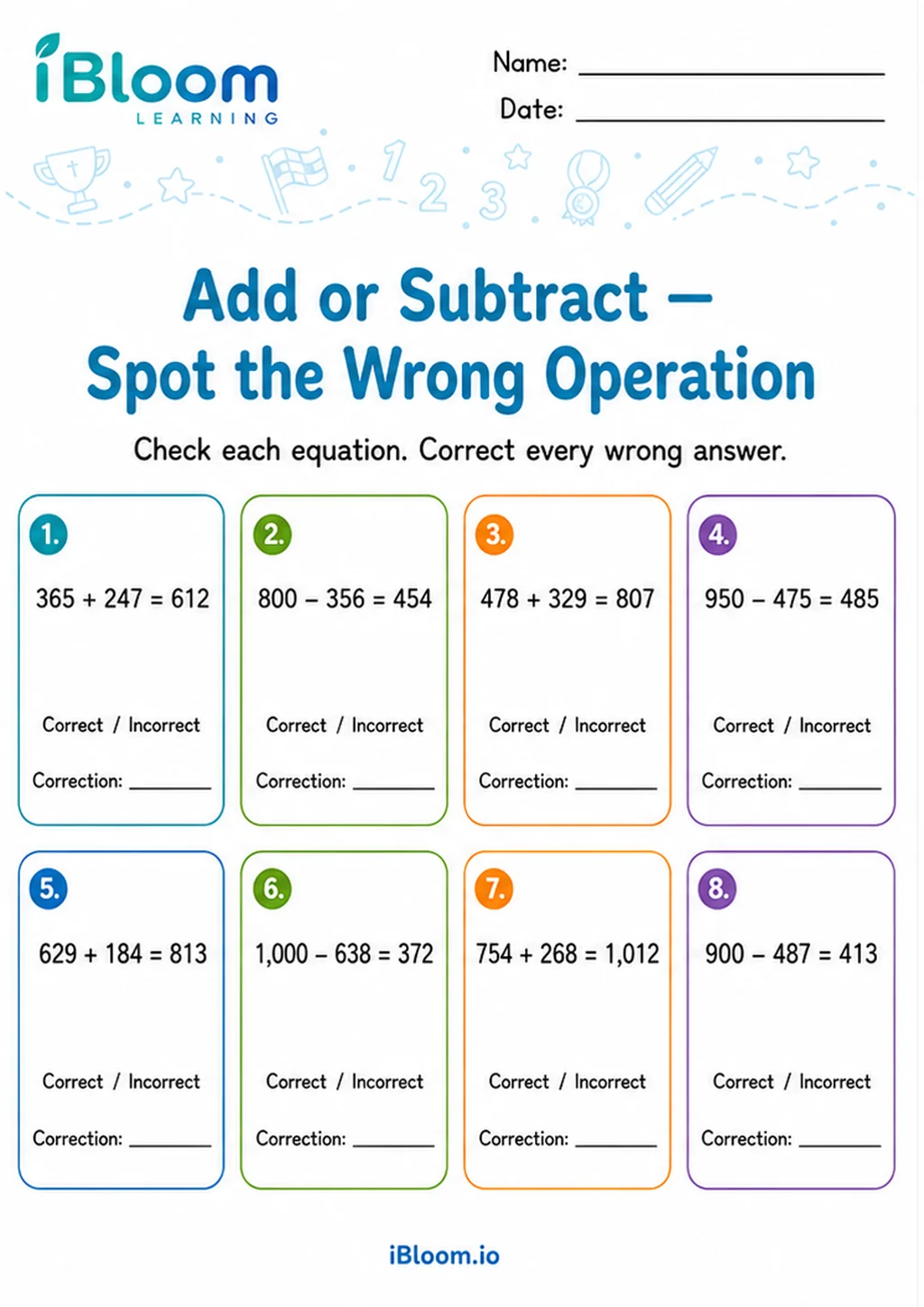 Preview of Add Subtract — Spot the Wrong Operation worksheet