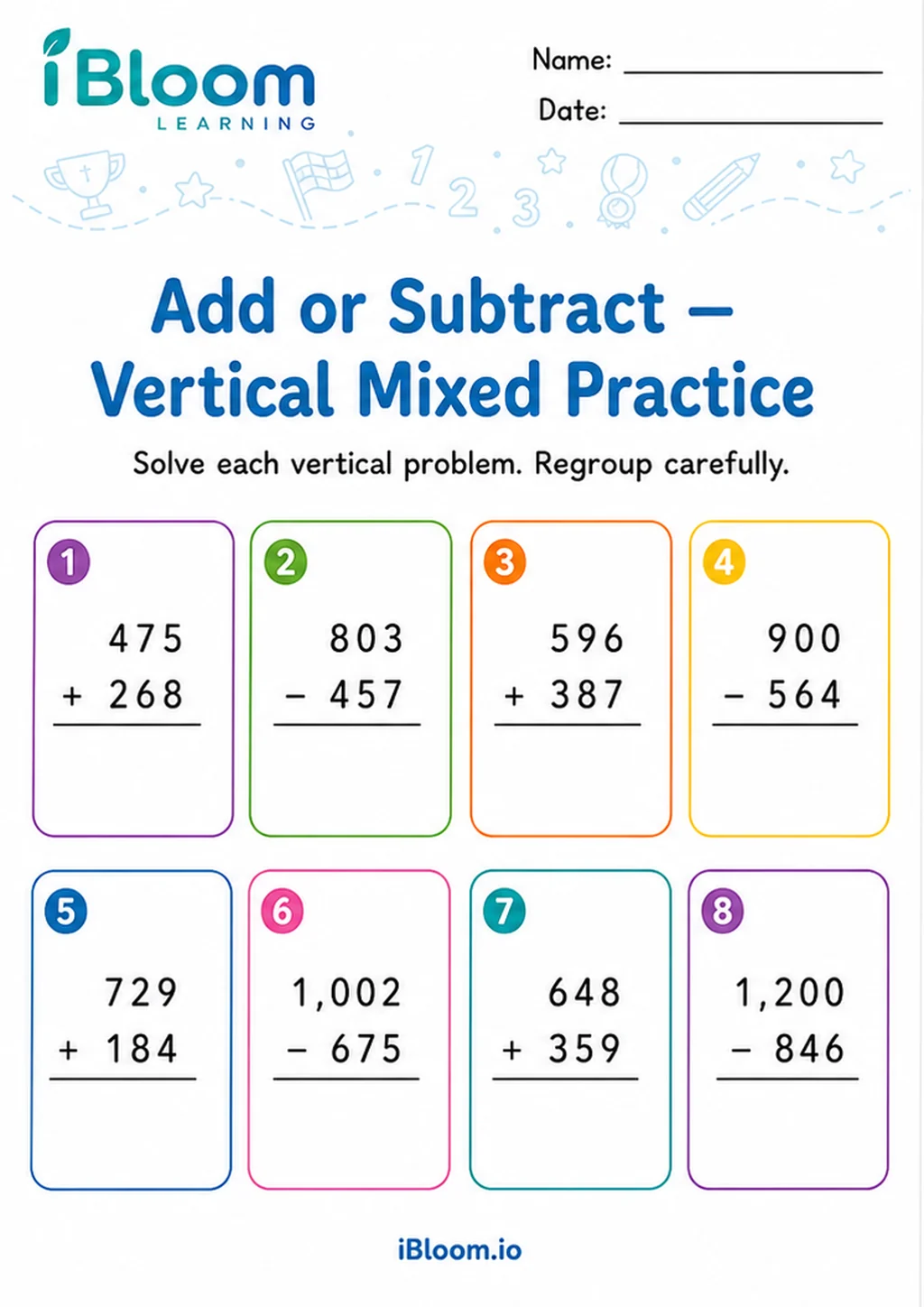 Preview page 1 of Add Subtract — Vertical Mixed Practice