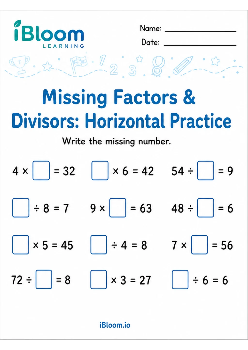 Preview of Missing Factors Divisors — Horizontal Mixed Practice worksheet