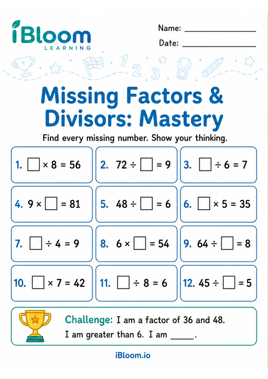 Preview of Missing Factors Divisors — Mixed Operations Mastery worksheet