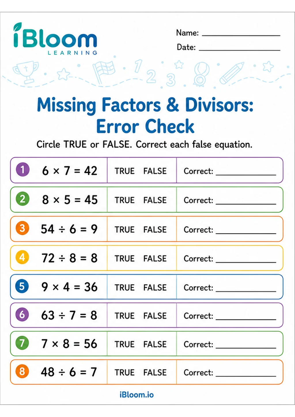 Preview of Missing Factors Divisors — Spot the Wrong Operation worksheet