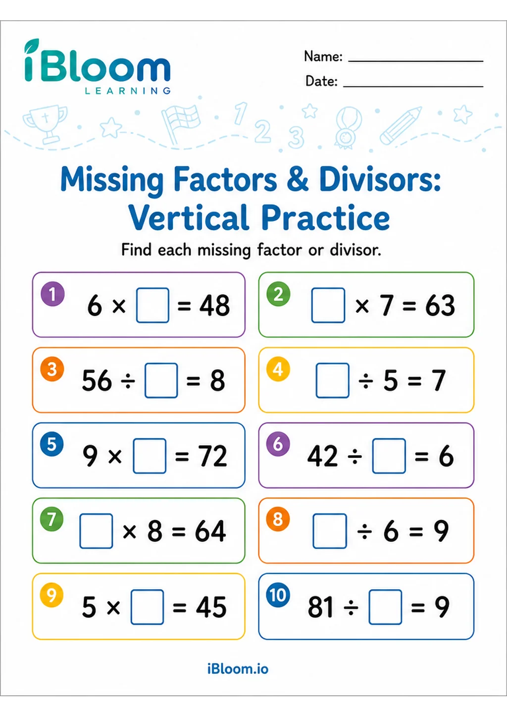 Preview of Missing Factors Divisors — Vertical Mixed Practice worksheet