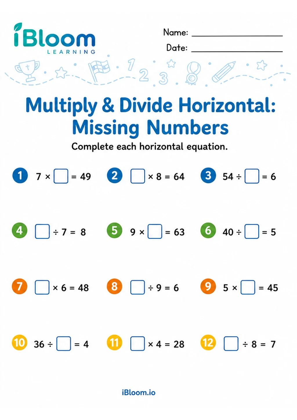 Preview of Multiply Divide Horizontal — Missing Numbers worksheet