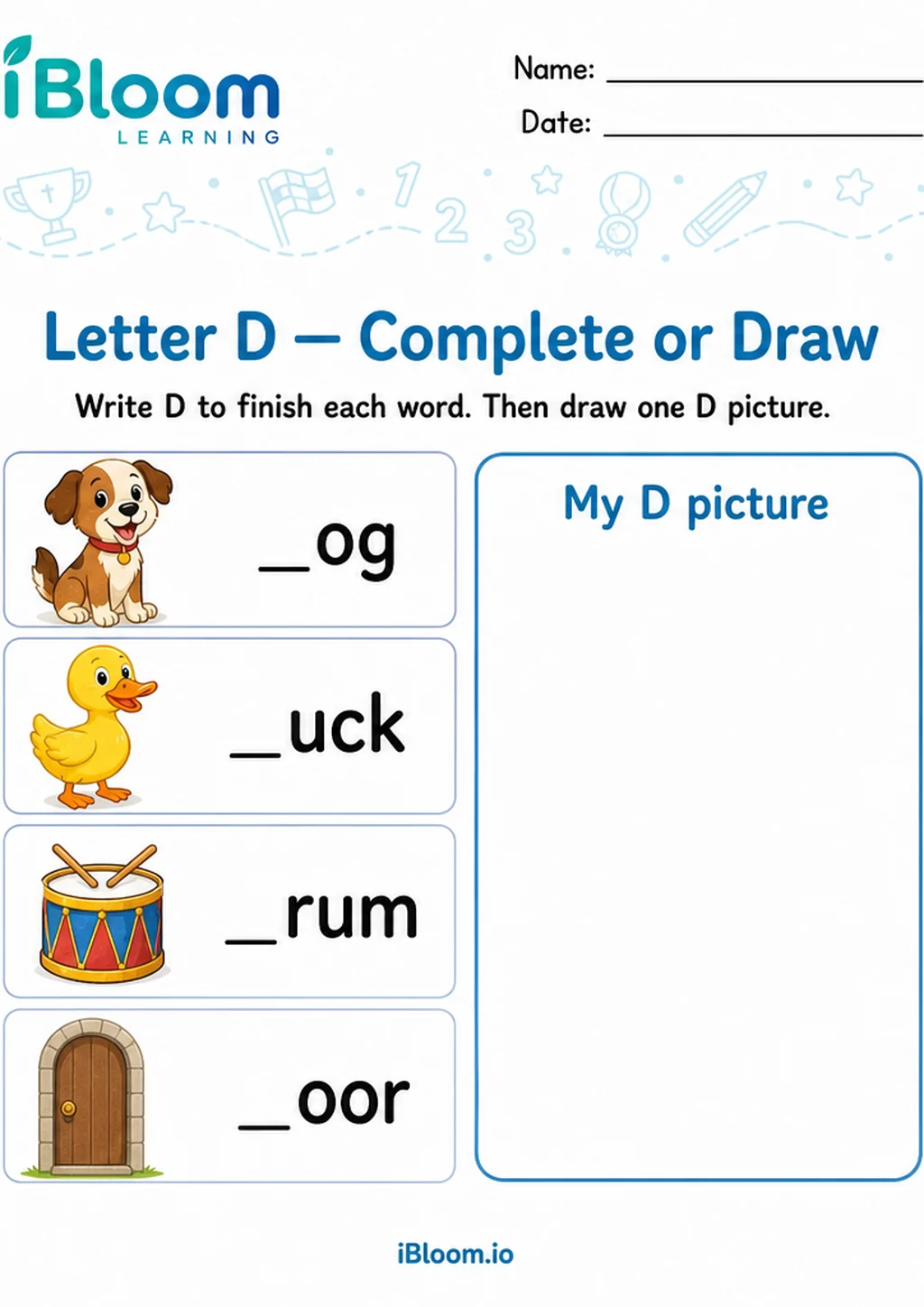 Preview of Letter D — Complete or Draw worksheet