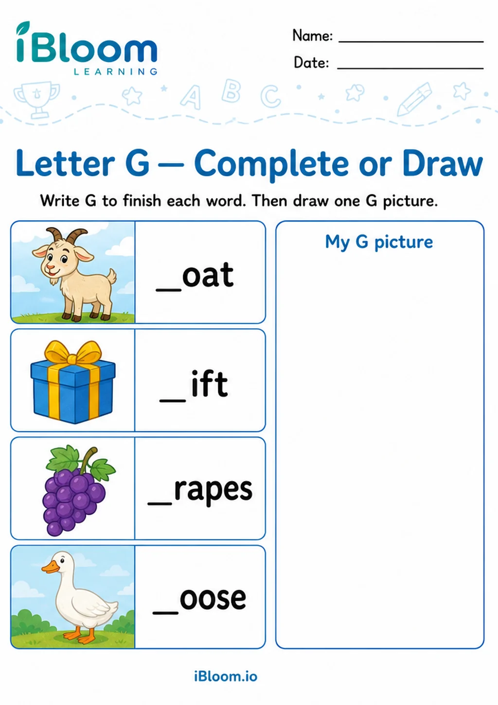 Preview of Letter G — Complete or Draw worksheet