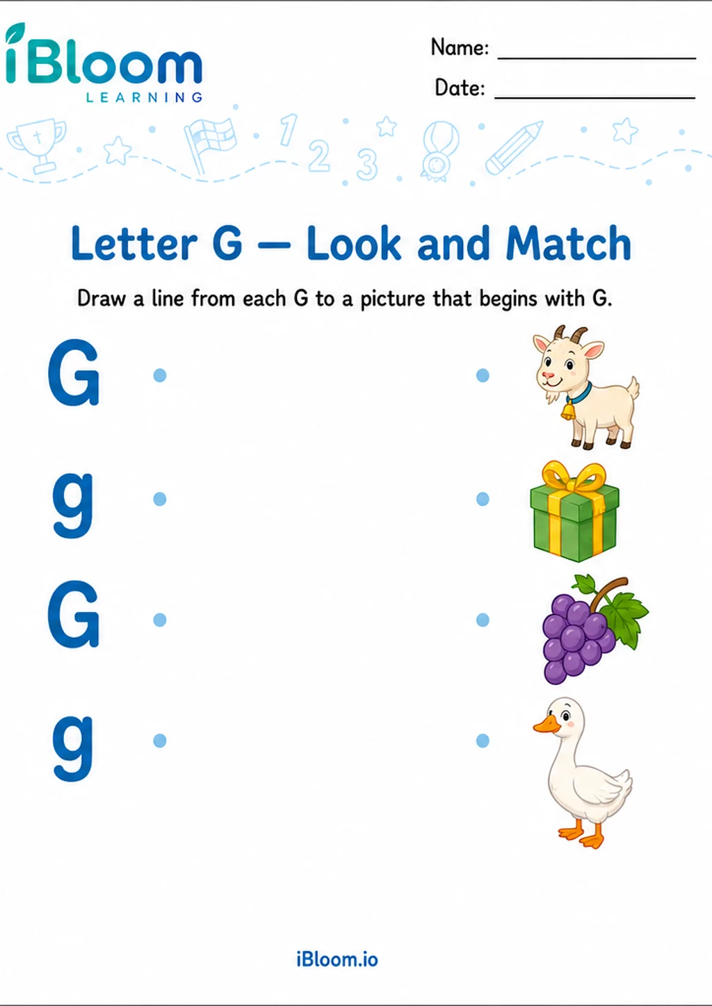 Letter G — Look and Match printable Preschool worksheet preview