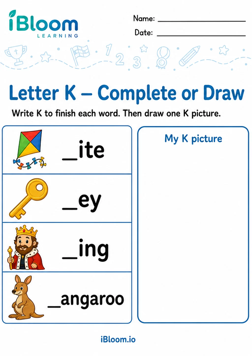Preview of Letter K — Complete or Draw worksheet