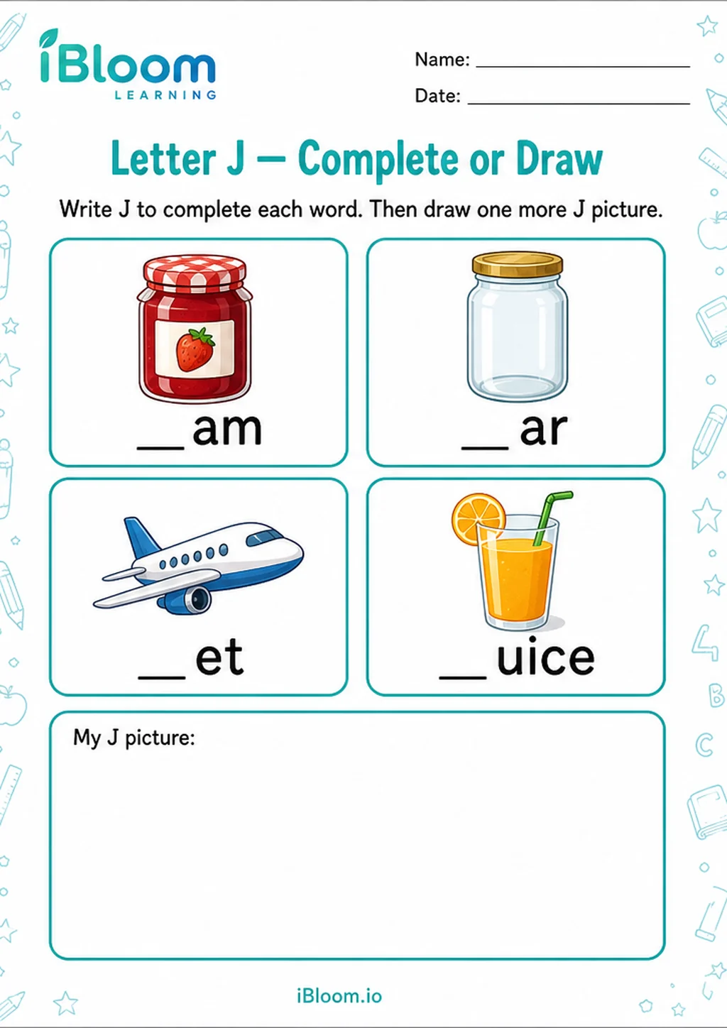 Preview of Letter J — Complete or Draw worksheet