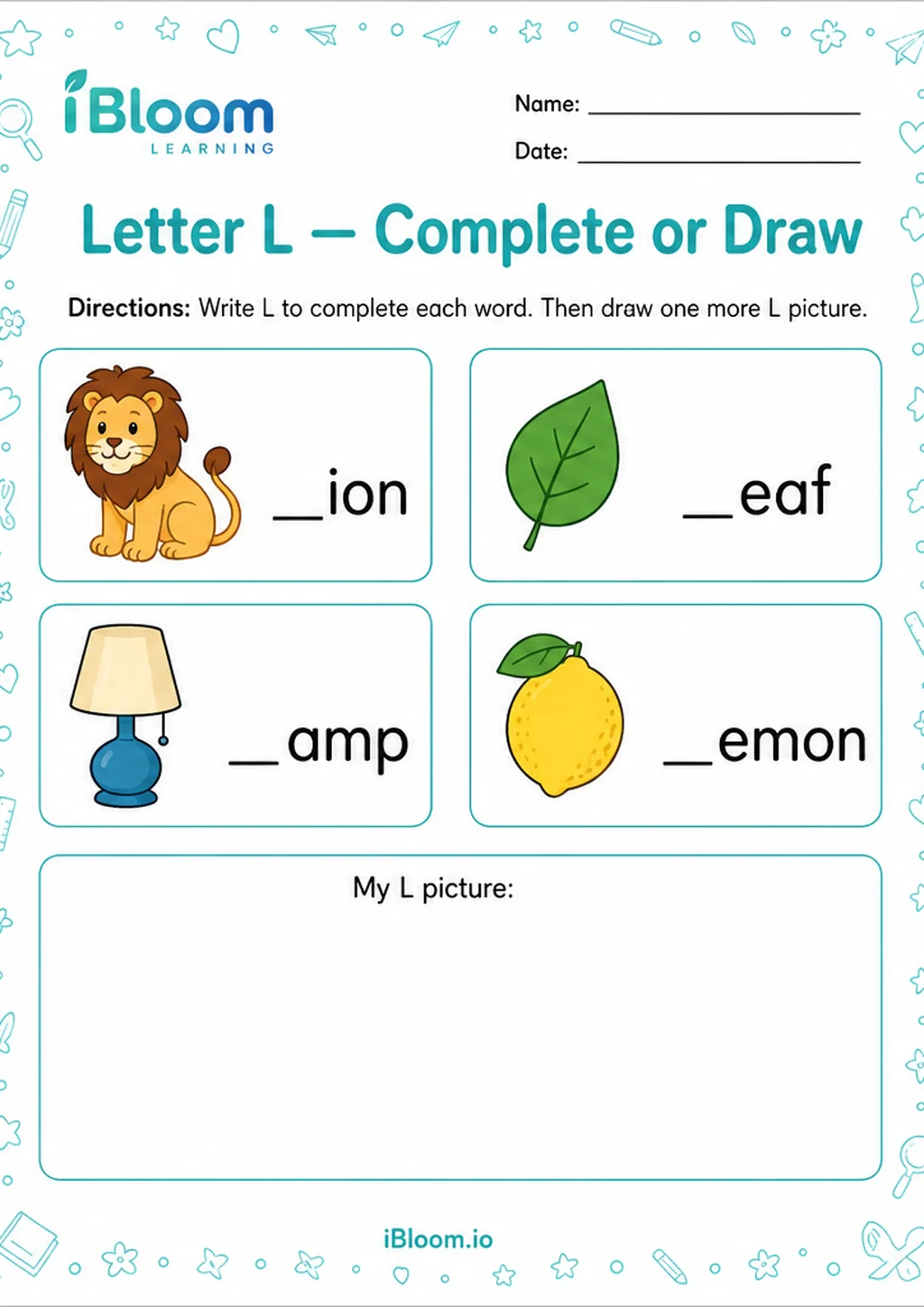 Preview of Letter L — Complete or Draw worksheet