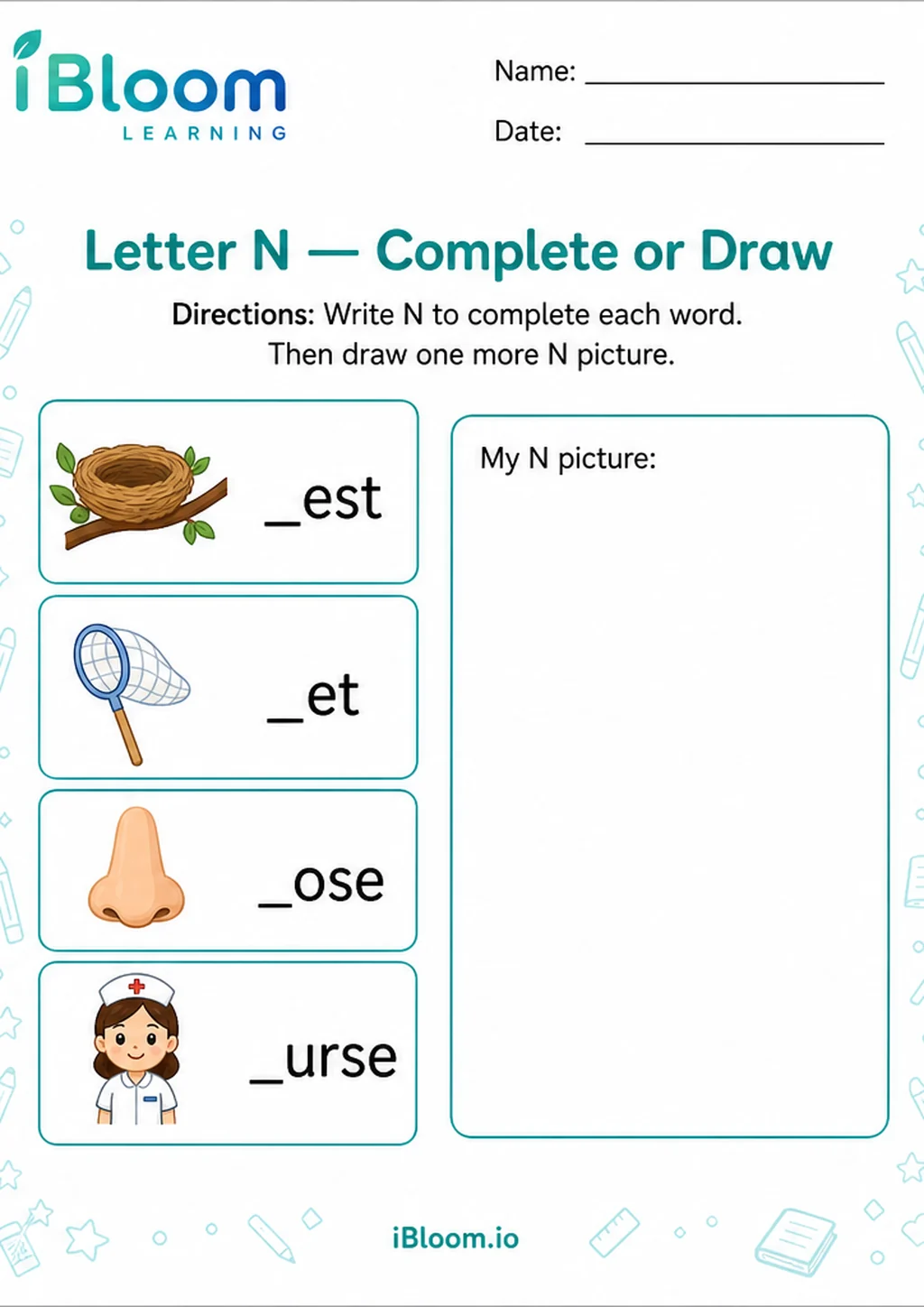 Preview of Letter N — Complete or Draw worksheet