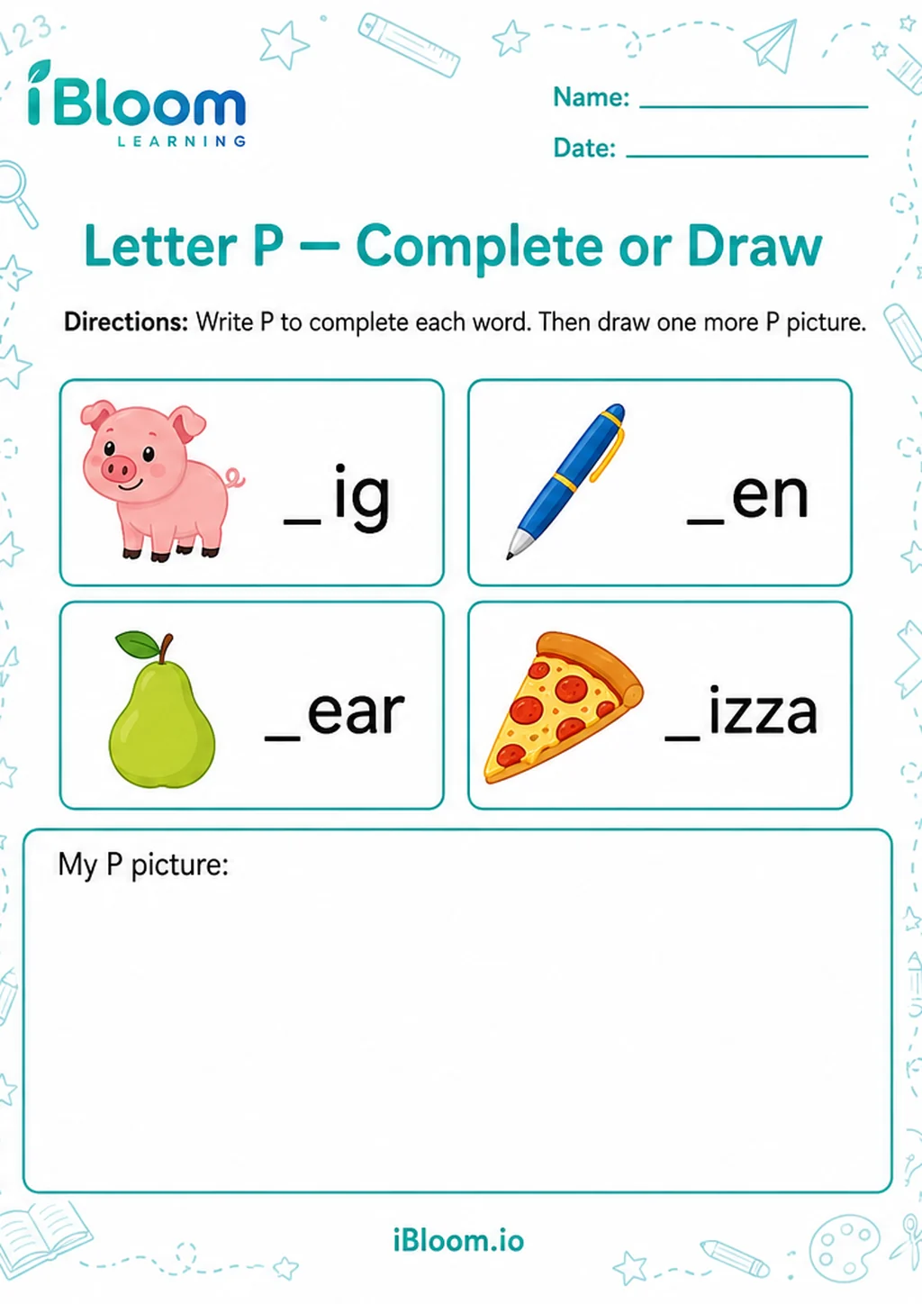 Preview of Letter P — Complete or Draw worksheet