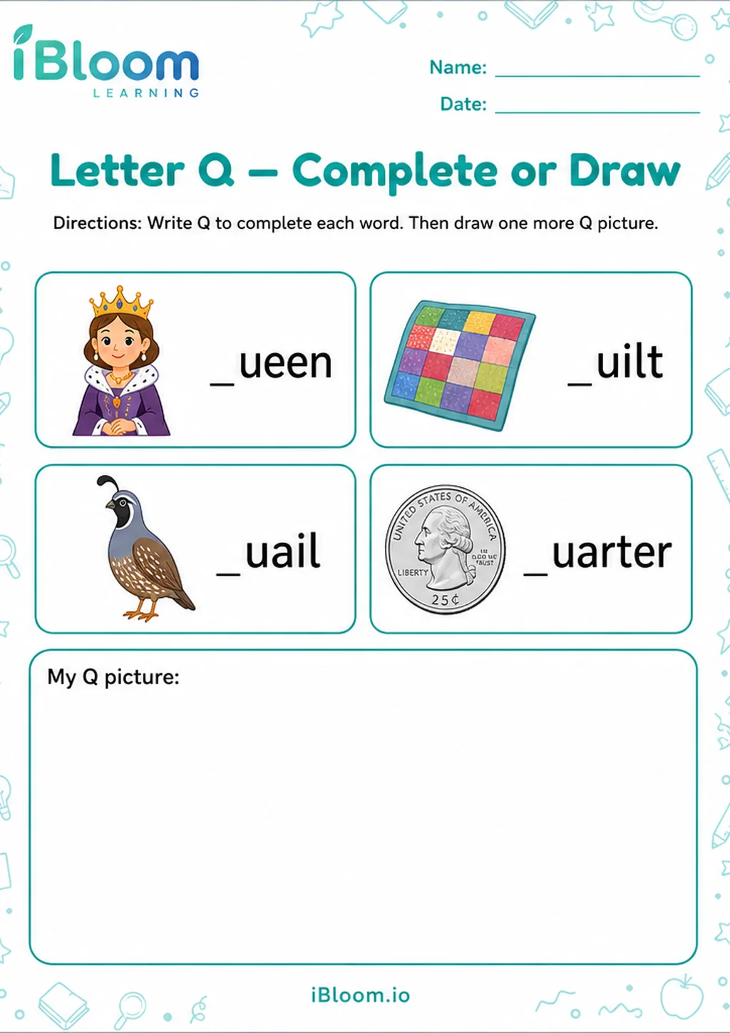 Preview of Letter Q — Complete or Draw worksheet