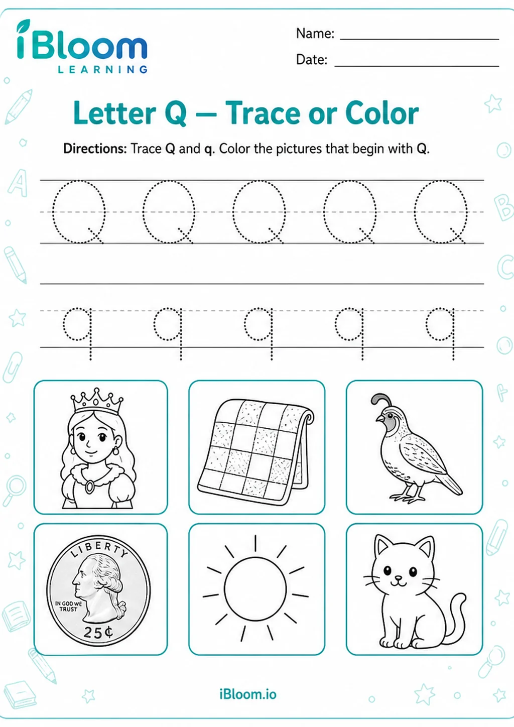 Preview of Letter Q — Trace or Color worksheet