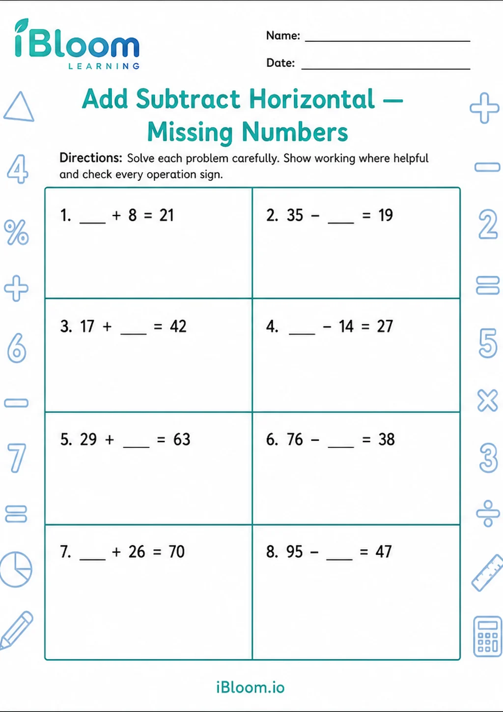 Preview of Add Subtract Horizontal — Missing Numbers worksheet