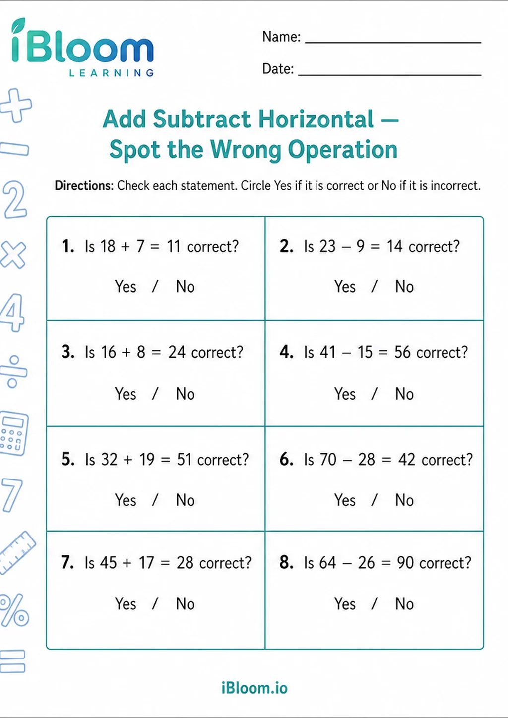 Preview of Add Subtract Horizontal — Spot the Wrong Operation worksheet