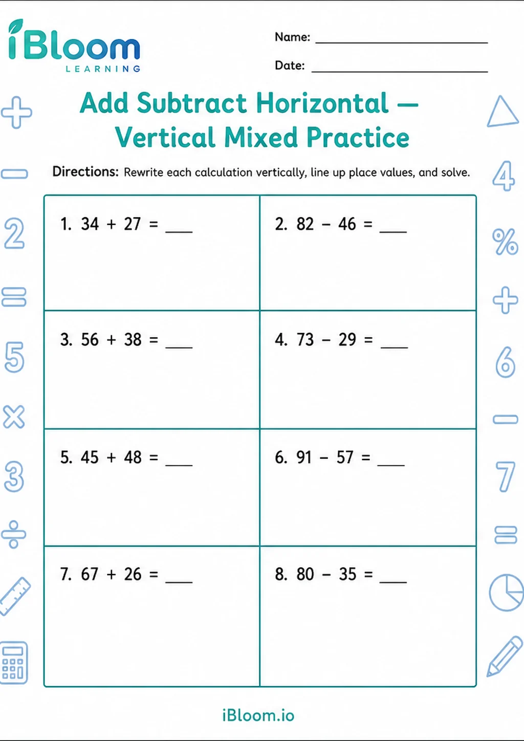 Preview page 1 of Add Subtract Horizontal — Vertical Mixed Practice