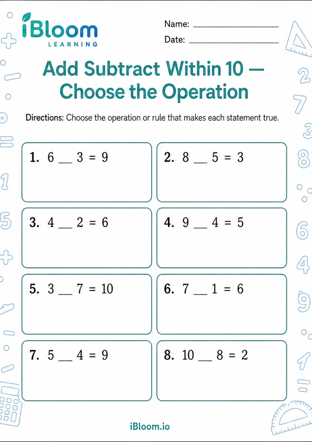 Add Subtract Within 10 — Choose the Operation printable Grade 3 worksheet preview