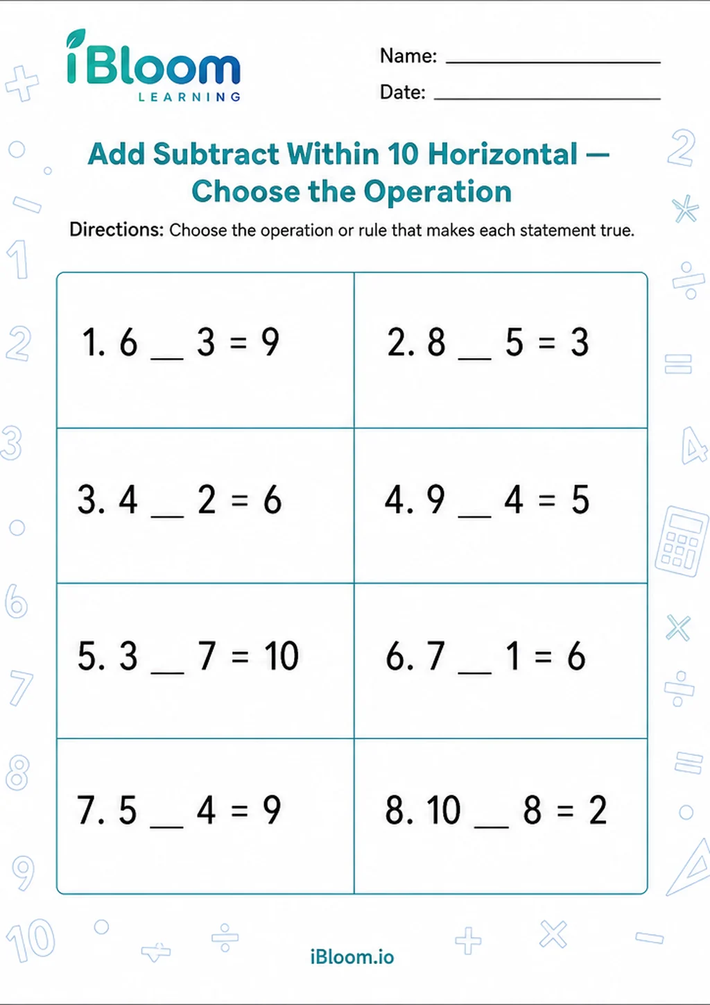 Preview page 1 of Add Subtract Within 10 Horizontal — Choose the Operation