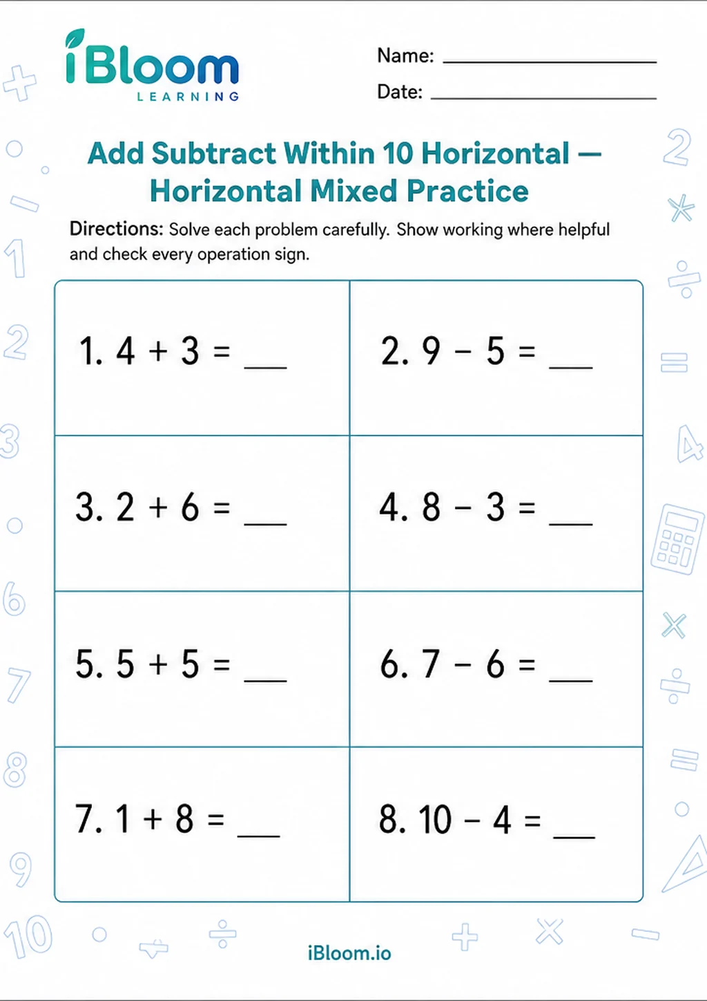 Preview of Add Subtract Within 10 Horizontal — Horizontal Mixed Practice worksheet