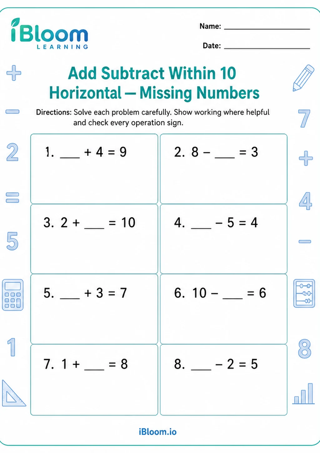 Preview of Add Subtract Within 10 Horizontal — Missing Numbers worksheet