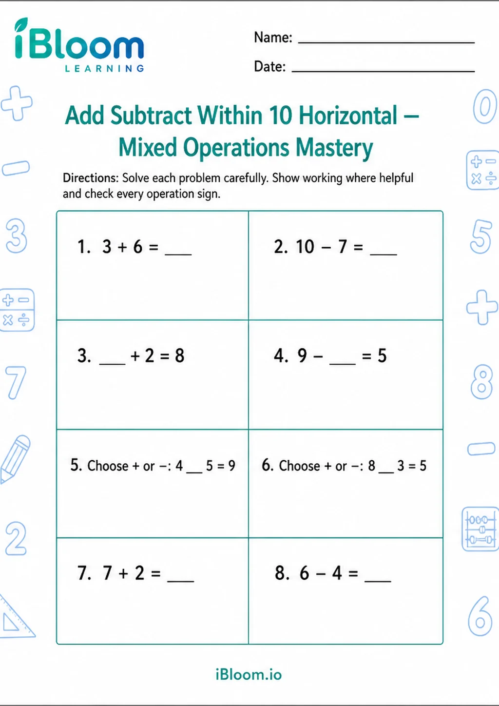 Preview of Add Subtract Within 10 Horizontal — Mixed Operations Mastery worksheet