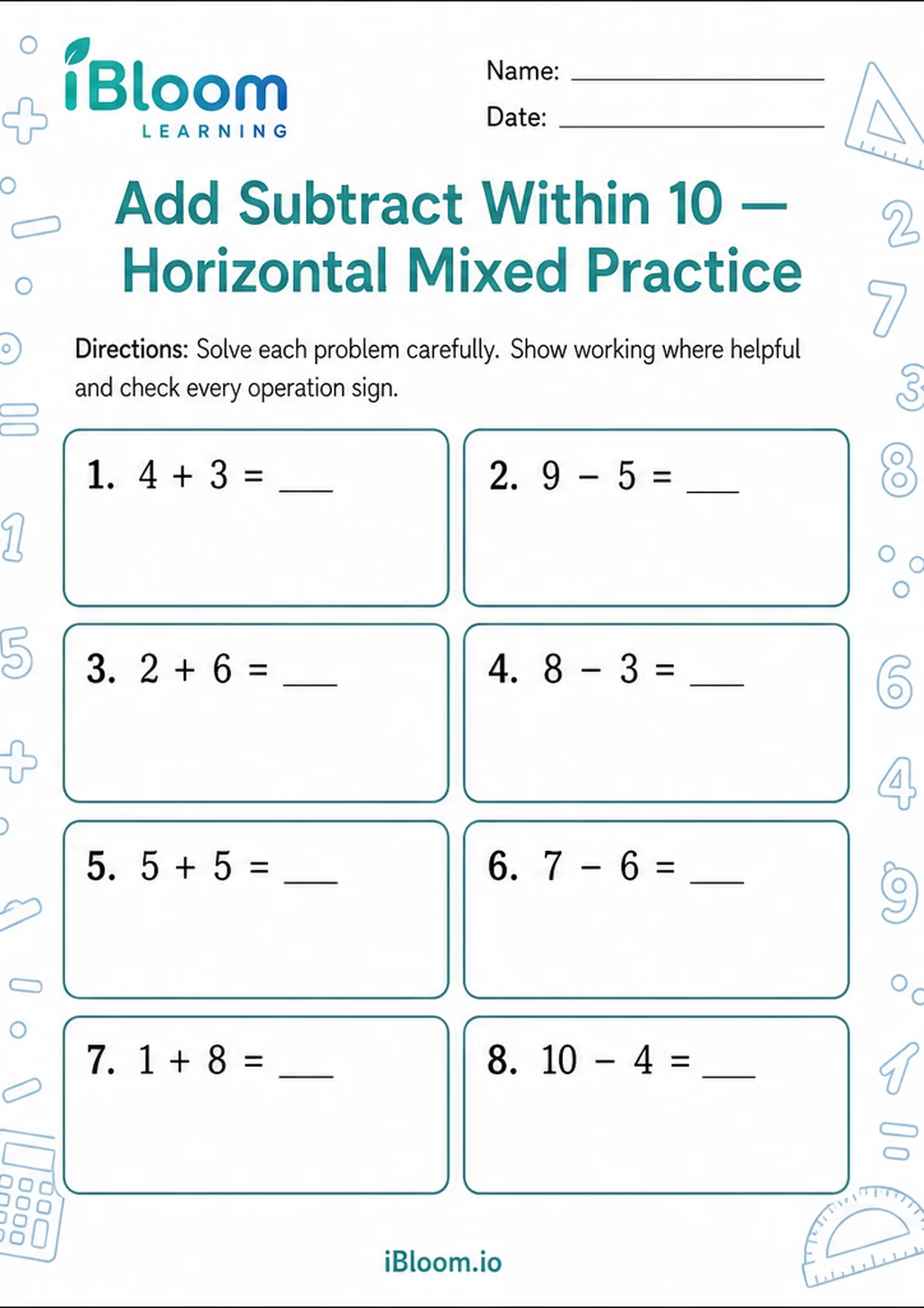 Preview of Add Subtract Within 10 — Horizontal Mixed Practice worksheet