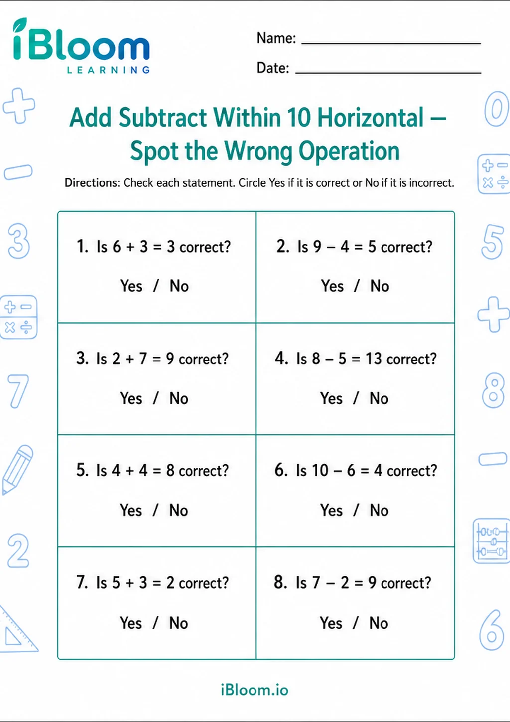 Preview of Add Subtract Within 10 Horizontal — Spot the Wrong Operation worksheet