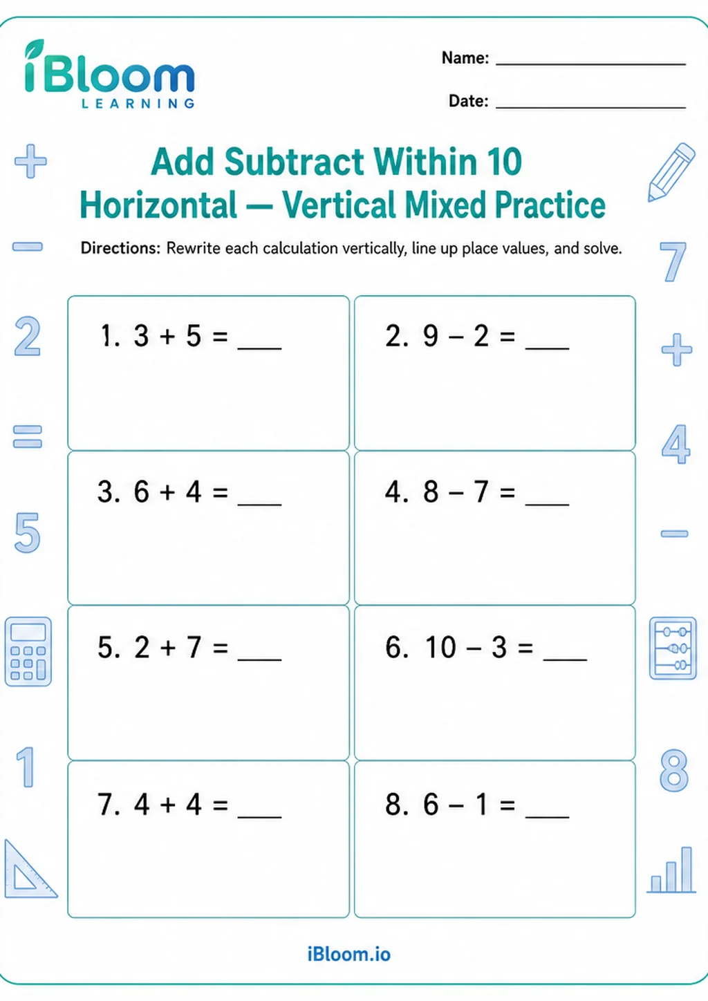Preview of Add Subtract Within 10 Horizontal — Vertical Mixed Practice worksheet