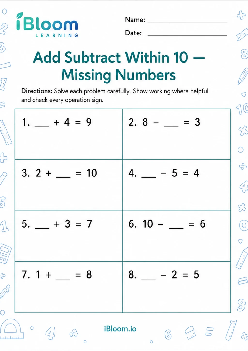 Preview of Add Subtract Within 10 — Missing Numbers worksheet