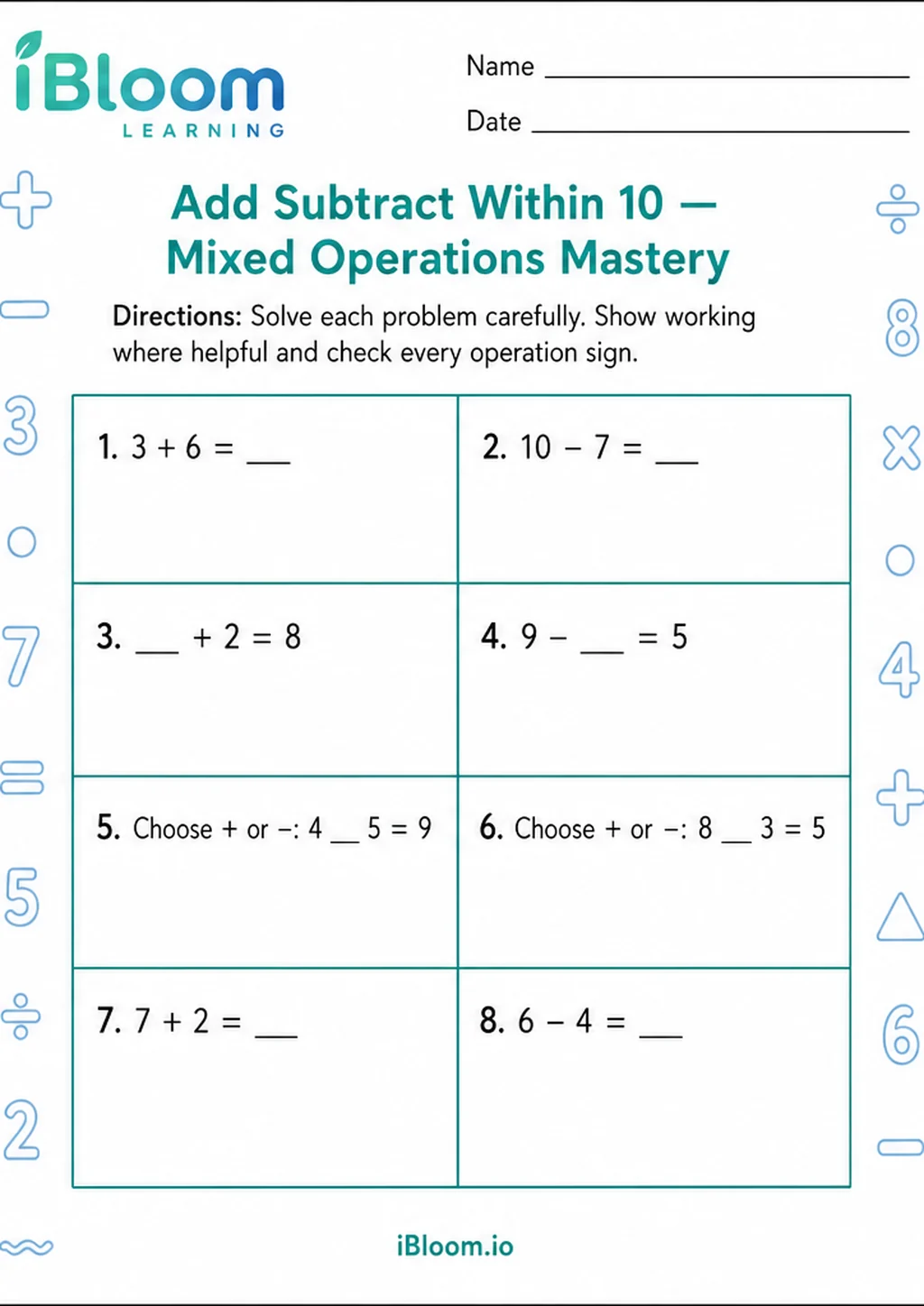 Preview of Add Subtract Within 10 — Mixed Operations Mastery worksheet
