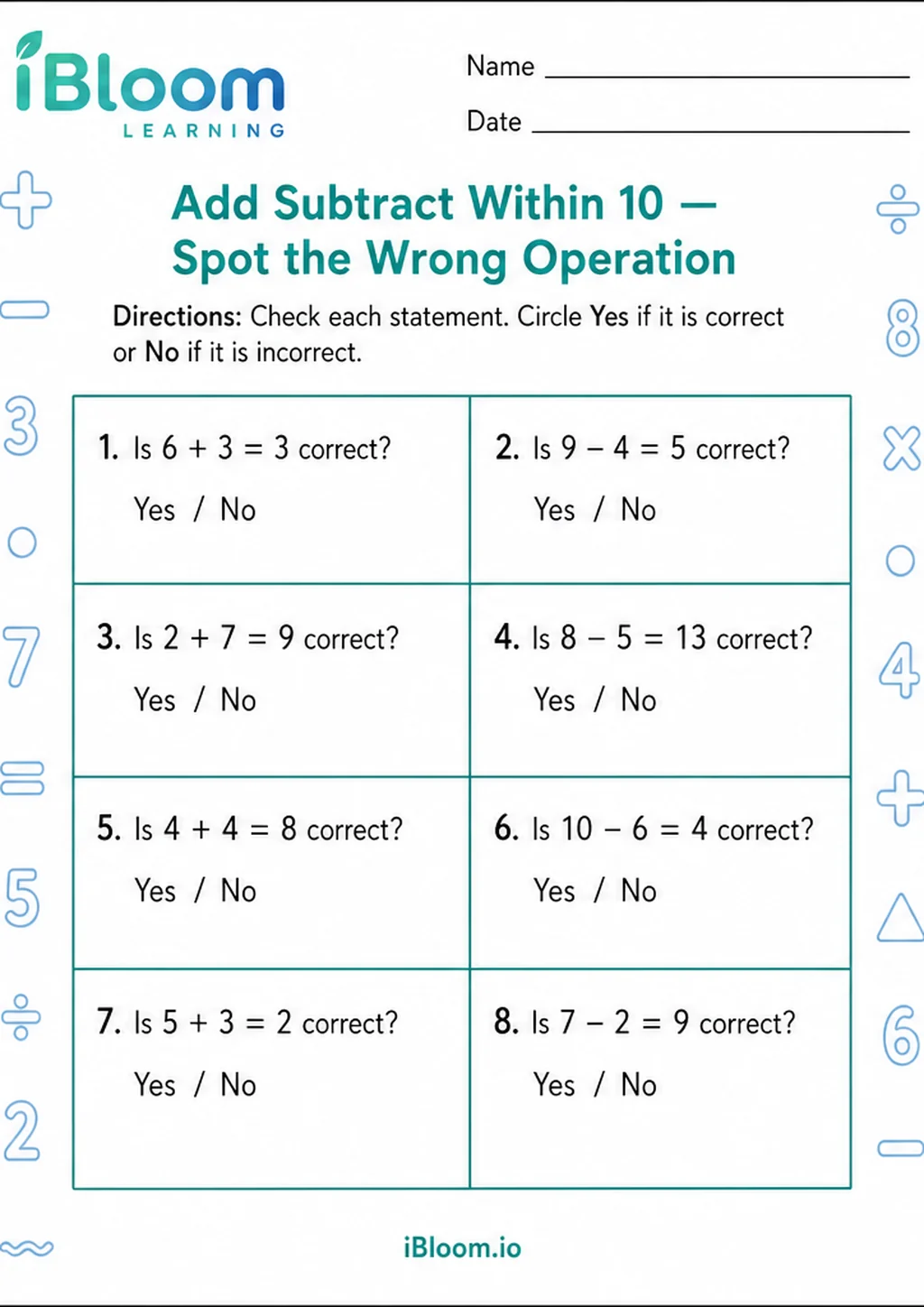 Preview of Add Subtract Within 10 — Spot the Wrong Operation worksheet