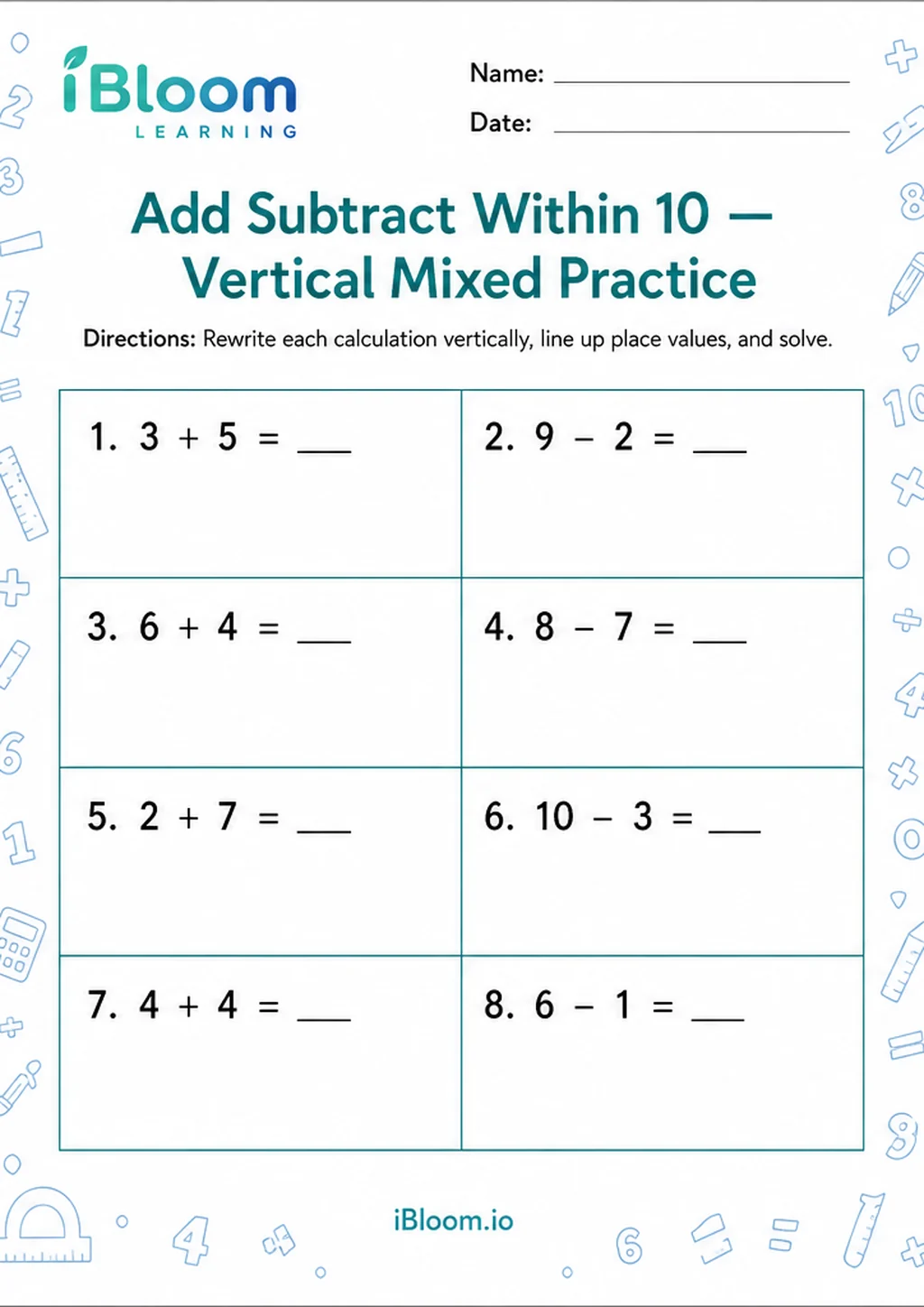 Preview page 1 of Add Subtract Within 10 — Vertical Mixed Practice