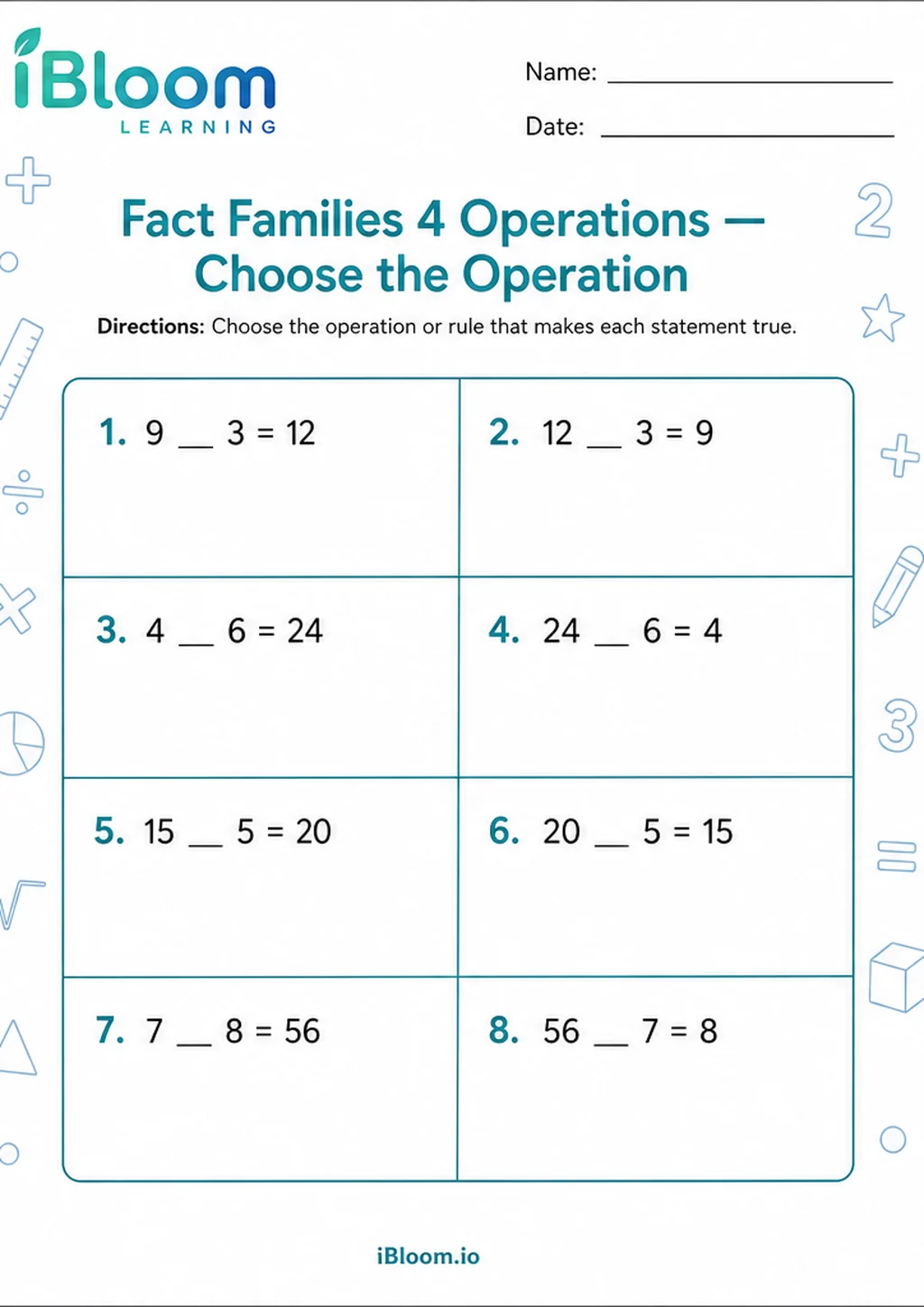 Preview page 1 of Fact Families 4 Operations — Choose the Operation