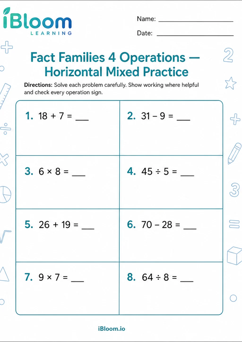Preview page 1 of Fact Families 4 Operations — Horizontal Mixed Practice