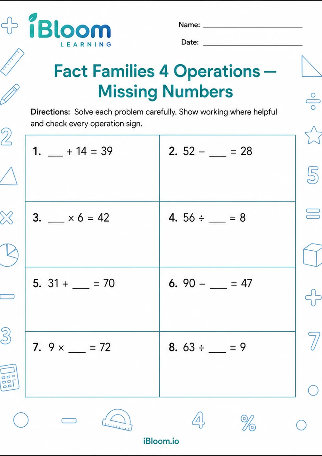Preview page 1 of Fact Families 4 Operations — Missing Numbers