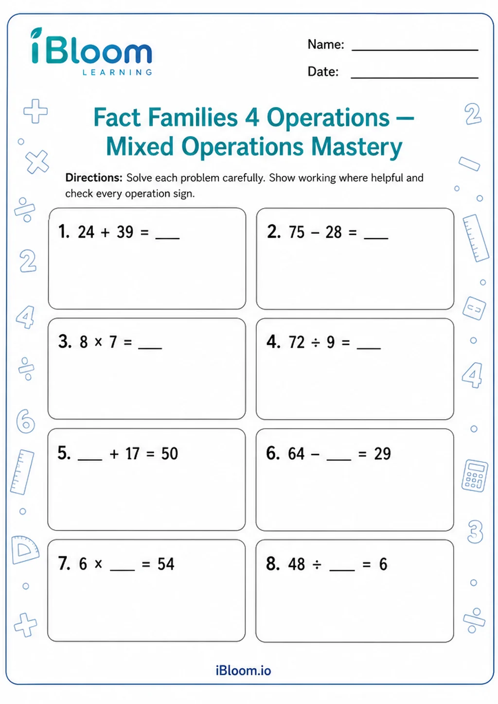 Preview page 1 of Fact Families 4 Operations — Mixed Operations Mastery