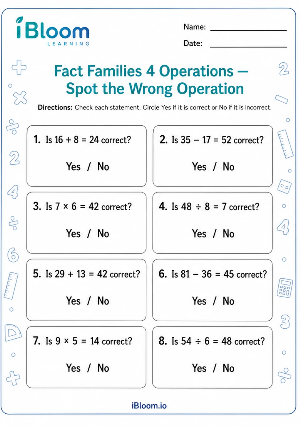 Preview page 1 of Fact Families 4 Operations — Spot the Wrong Operation
