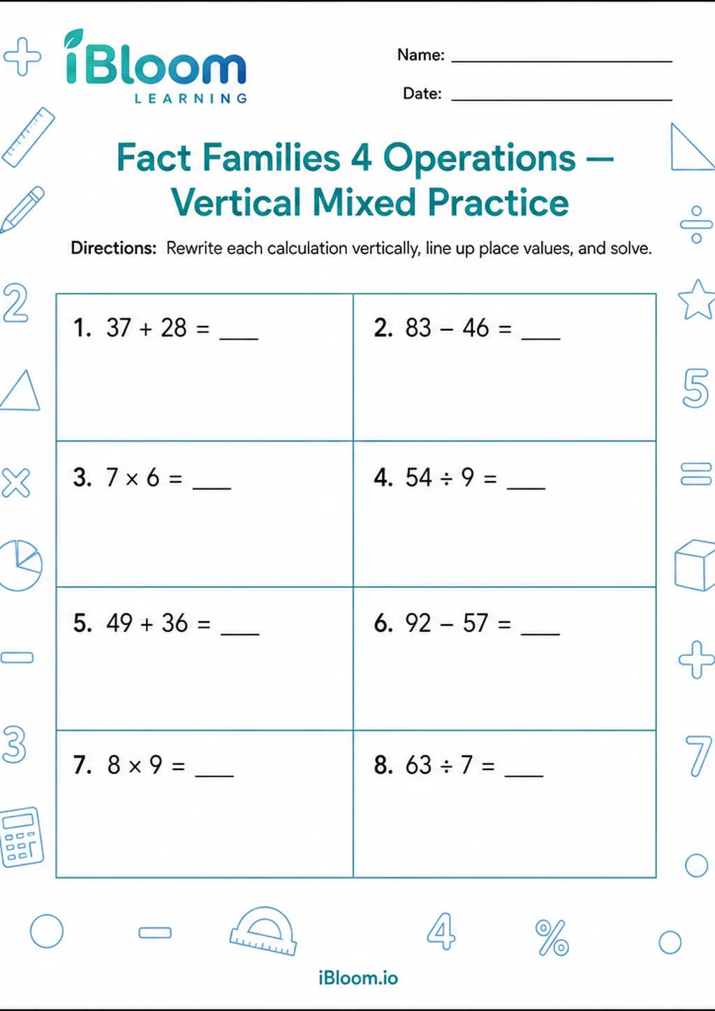 Preview of Fact Families 4 Operations — Vertical Mixed Practice worksheet