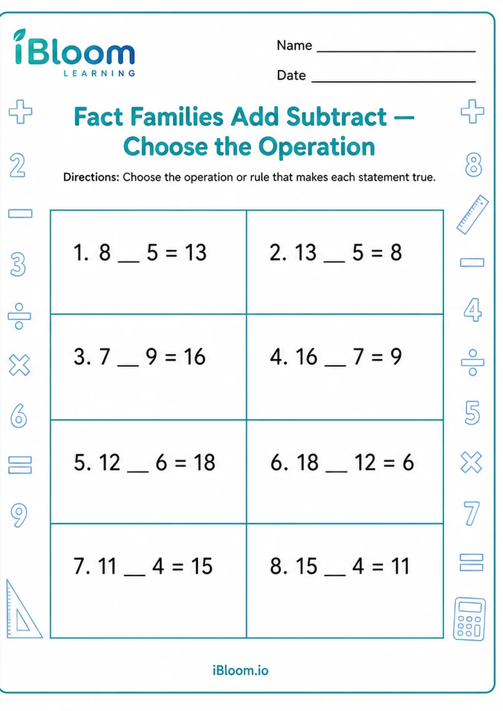 Preview page 1 of Fact Families Add Subtract — Choose the Operation