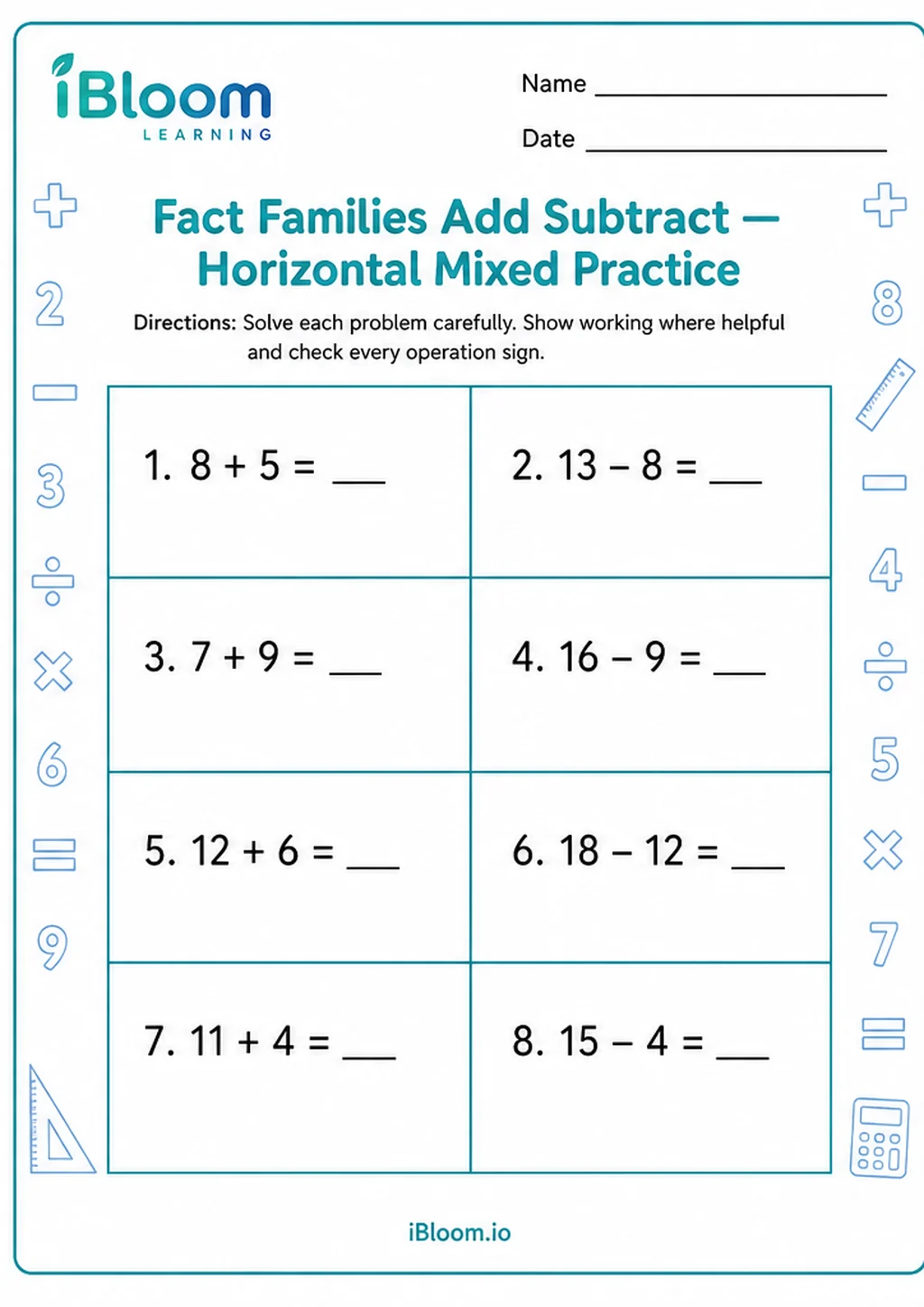 Preview of Fact Families Add Subtract — Horizontal Mixed Practice worksheet