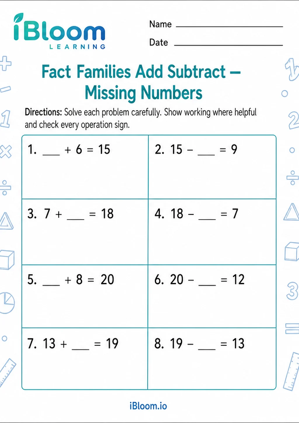 Preview page 1 of Fact Families Add Subtract — Missing Numbers