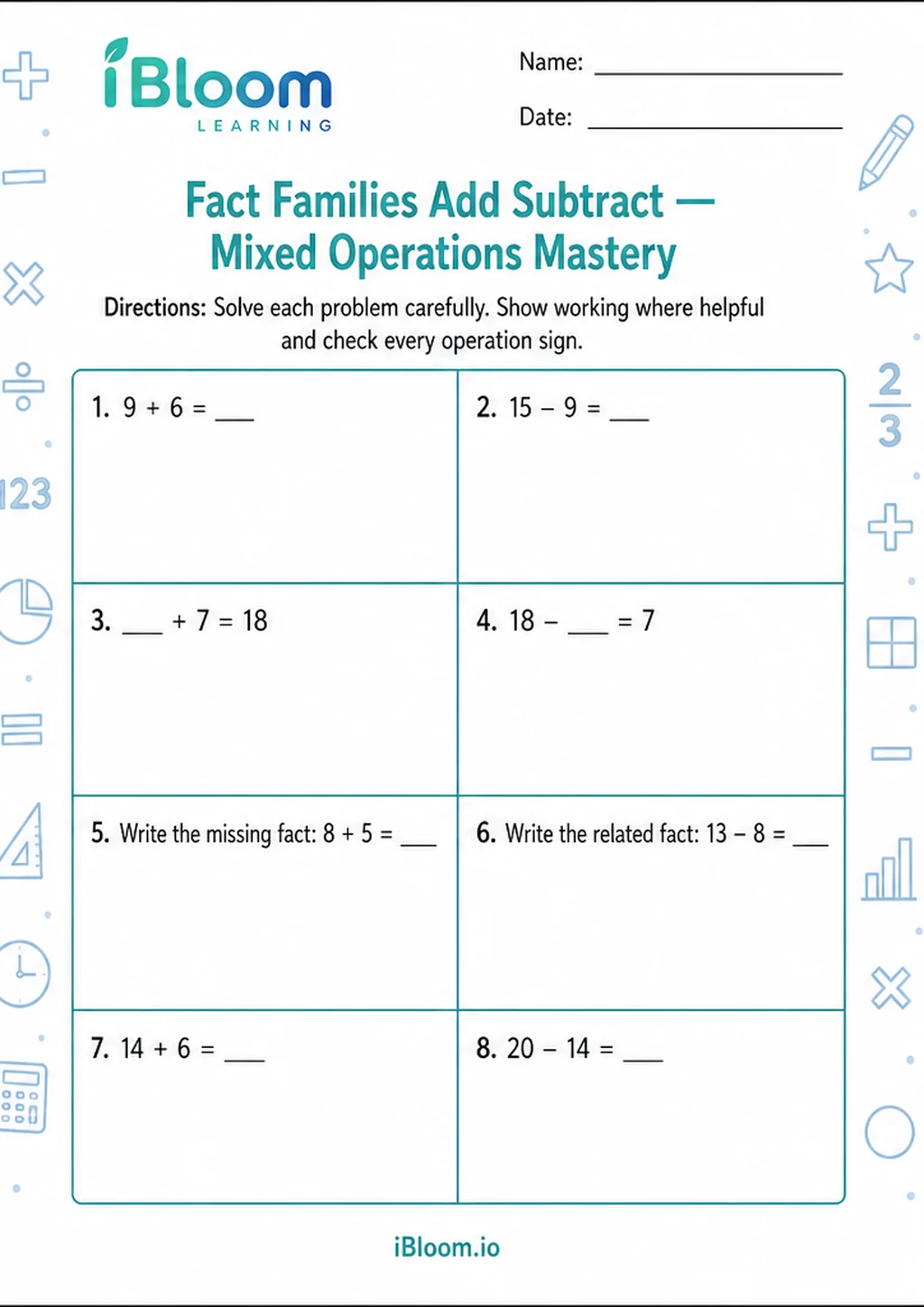 Preview of Fact Families Add Subtract — Mixed Operations Mastery worksheet
